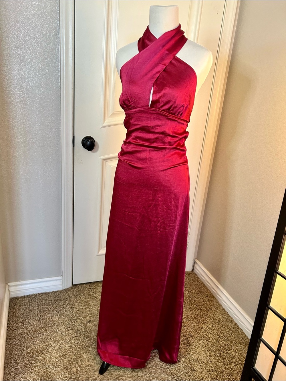 Source Unknown Crimson Satin Halter Prom Gown